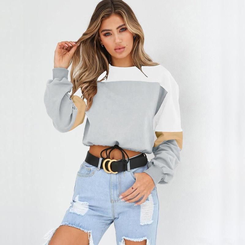Premium Quality Woman Autumn Winter Color Patchwork Long Sleeve Round Neck Tie Sweatershirt For Effortless Style