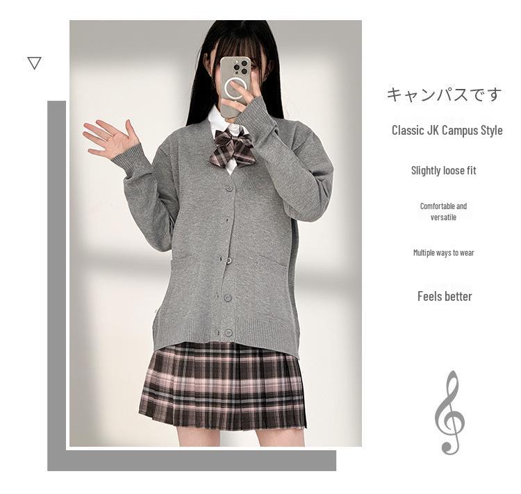Japanese Style V-Neck Long Sleeve Knit Cardigan - Solid Color Academy Uniform