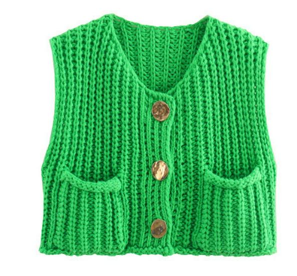 Women's V-Neck Chunky Knit Sleeveless Cardigan Vest - European & American Style, Autumn/Winter 2025
