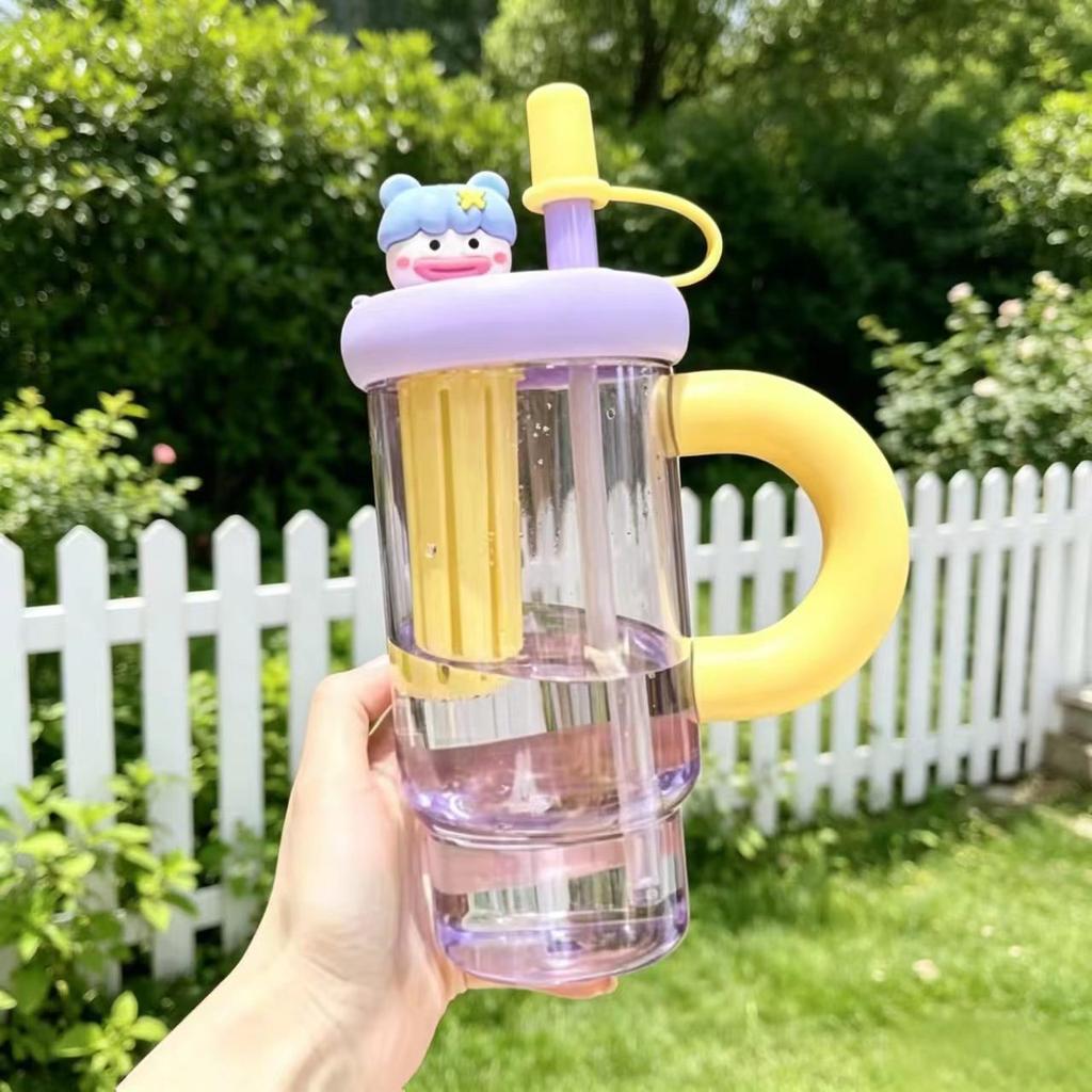 Water bottle Internet celebrity large capacity plastic cup with tea warehouse straw ice cup female student outdoor fitness water cup can be