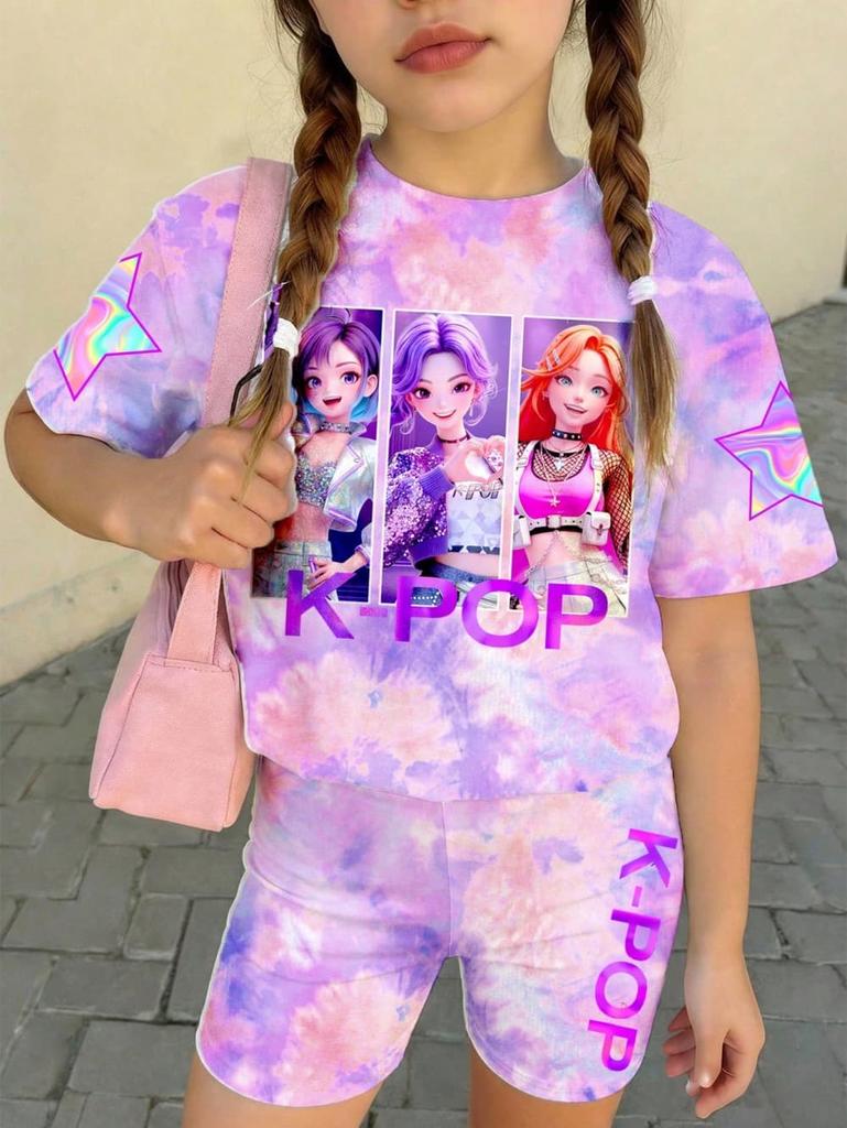 Conjunto de Camiseta y Pantalones Gráficos de Dibujos Animados Kpop para Niñas Ropa de Verano para Niñas Lindo Conjunto de Manga Corta Conjunto de Camiseta y Pantalones Cortos para Niños