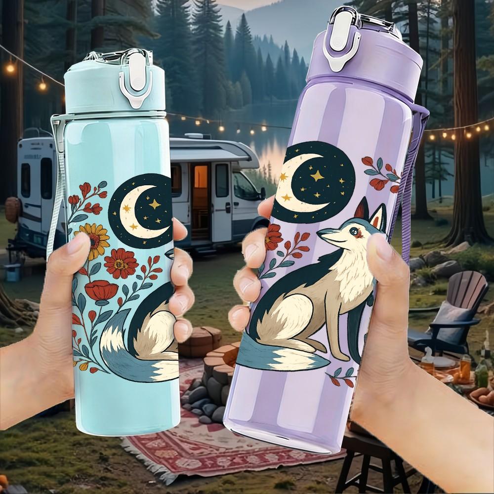 1PC Moon Floral Wolf Art 750ml Color Plastic Sports Water Bottle Leakproof Flip Straw Lid Suitable for Sports Office Home Use