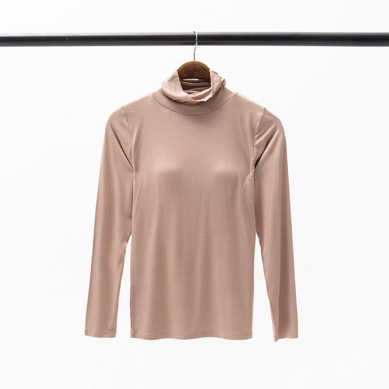 Women's Modal Padded High Neck Long Sleeve T-Shirt with Integrated No Underwire Bra Cup Pajama Base Layer