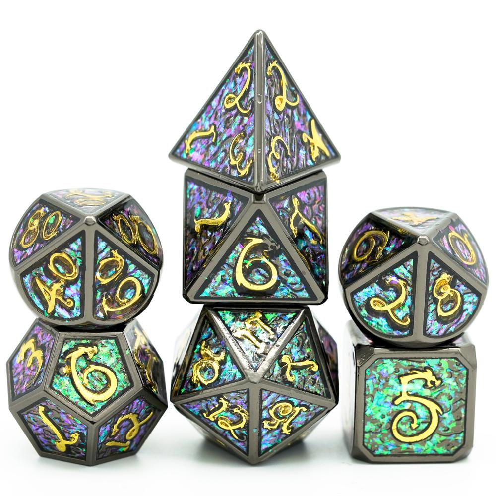 Cusdie Dragon Font DND Dice Metal, Auspicious Cloud, 7Pcs Polyhedral Dice Set, for D&D Role Playing Game Pathfinder Board Games