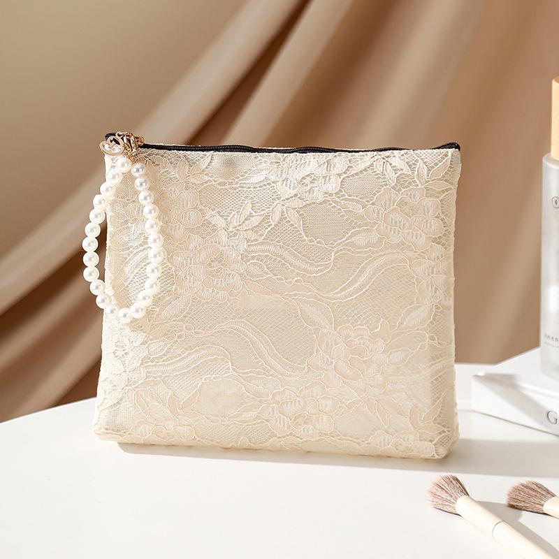Sweet Lace Cosmetic Bag With Imitation Pearl Chain Portable Travel Toiletry Pouch Organizer For Women Makeup Keys Coin Purse