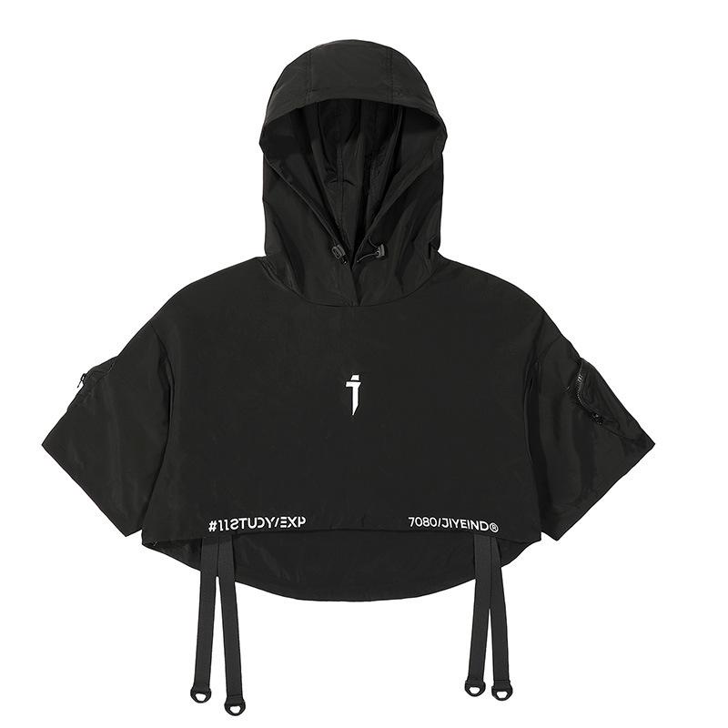 

Techwear Style Hip Hop Cropped Jacket Pullover Mens Punk Motorcycle Hooded Cloak Multi-pockets Jaqueta M чёрный