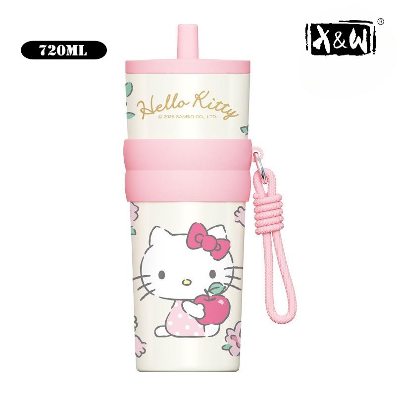 X&W Sanrio Cartoon Thermos Straw Cups 316 Stainless Steel Vacuum Flask Tumbler Portable Cute Kuromi Insulated Car Coffee Cups 720ml