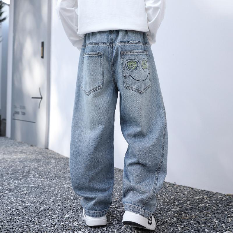 Boys Korean Style Solid Color Loose Mid Waist Elastic Waistband Long Denim Pants For Spring And Autumn