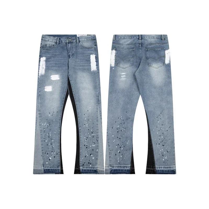 

American Retro Washed Letter Spliced Denim Trousers High Street Trendy Couple Loose Straight Micro Flared Long Trousers S синий