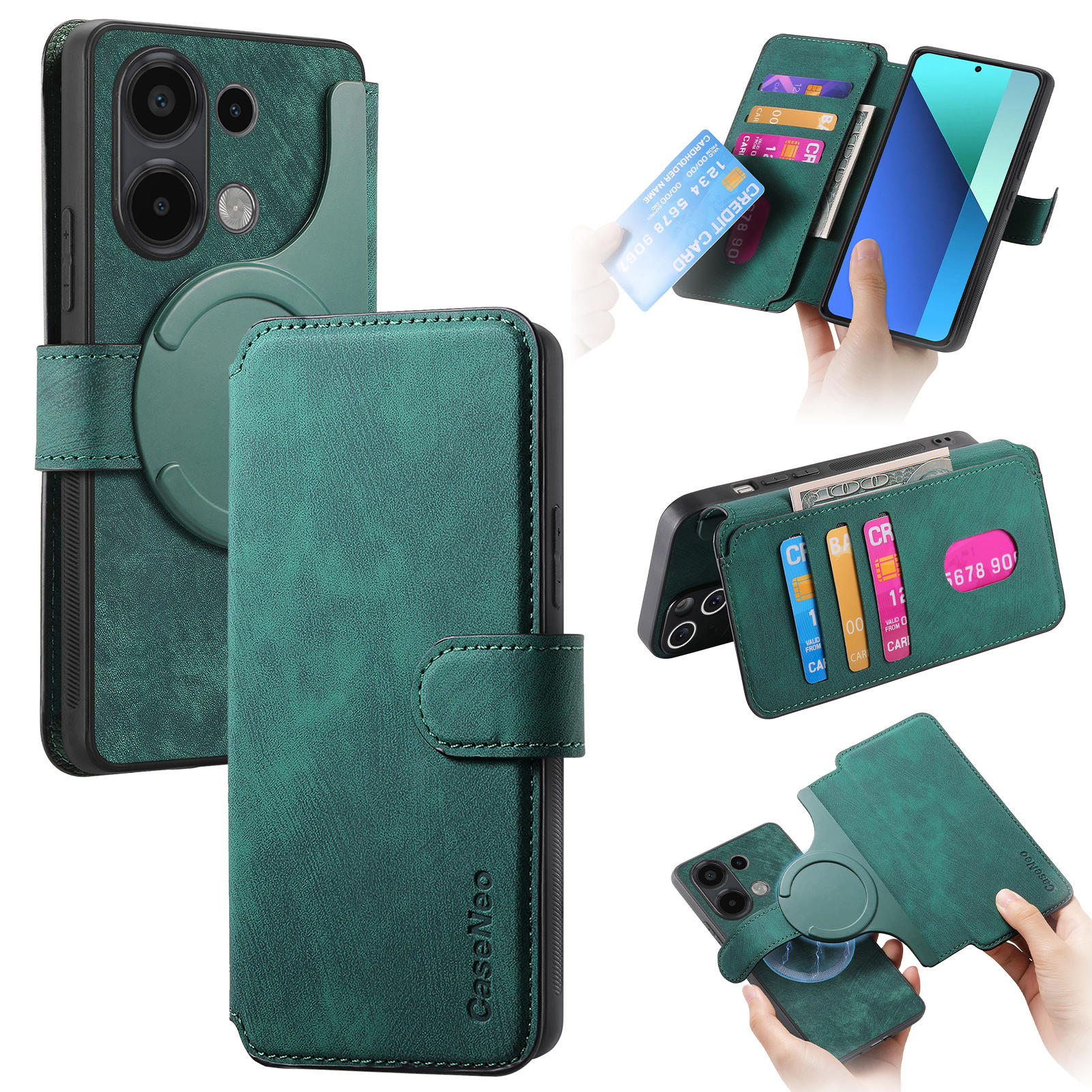 

For Xiaomi Redmi Note 13 4G Magnetic Case CASENEO Detachable Leather Phone Wallet Cover Green