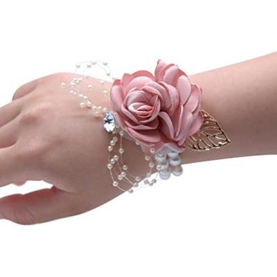 2Pcs Artificial Flowers Wedding Girl's Wrist Corsage Bracelets Bridesmaid Pearl Bracelet Women's Hand Flower for Wedding Party Prom Homecoming Corsage