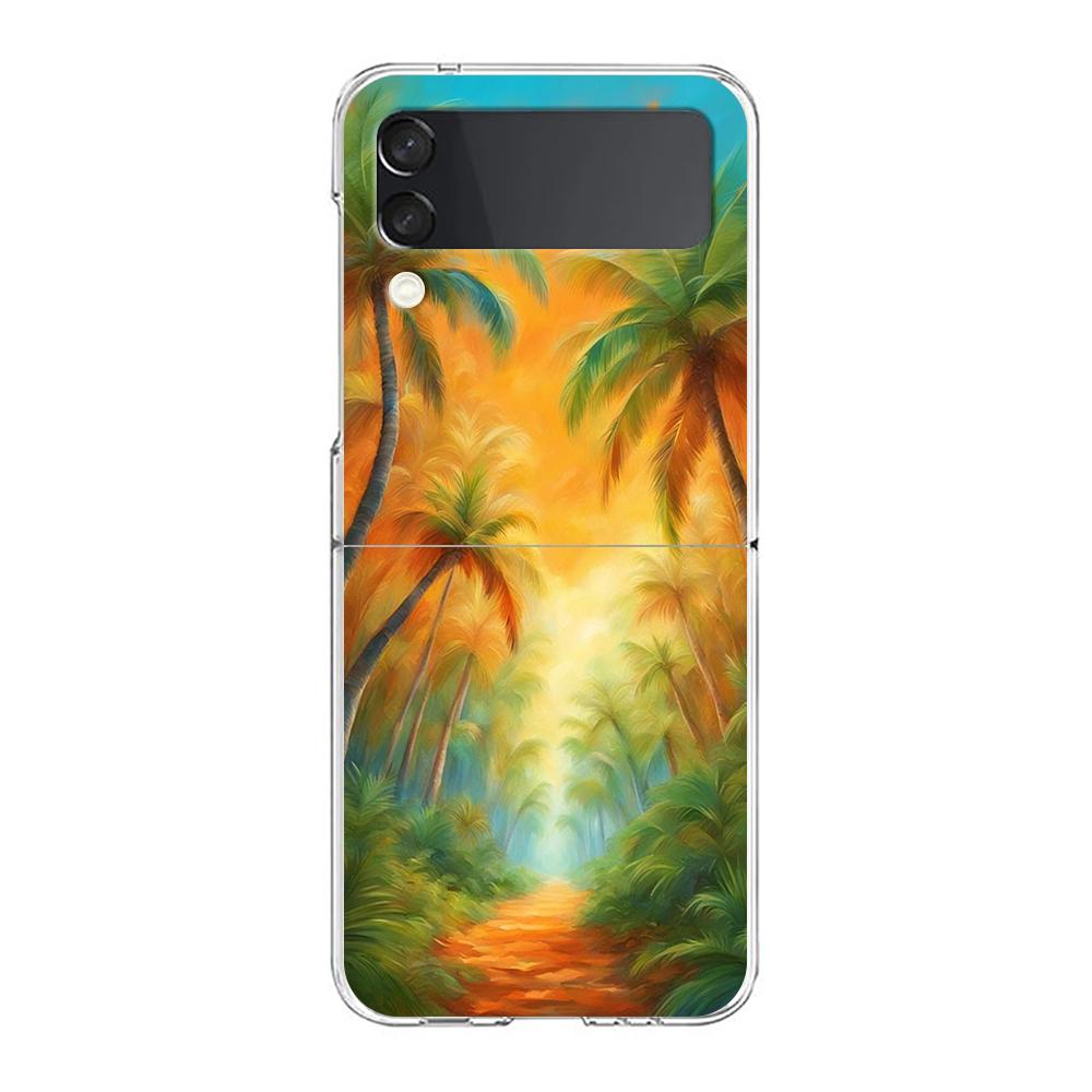 Phone Cover For Samsung Galaxy Z Flip 7 6 5 4 Case Transparent For Samsung Z Flip 3 Hard PC Foldable Sunset Coconut Tree Pattern
