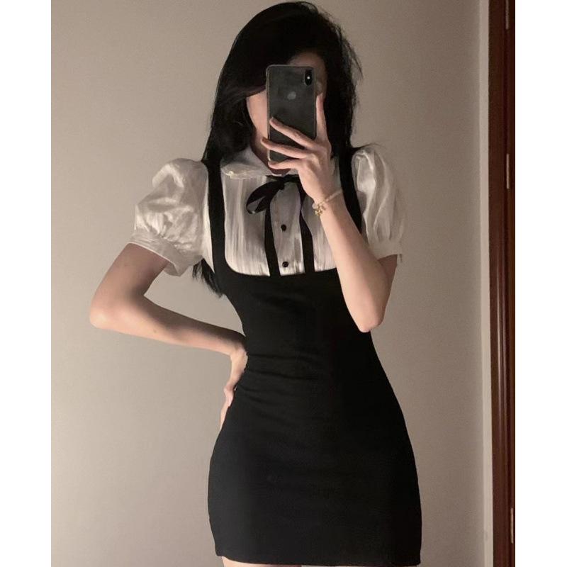 College style age reduction fake two-piece splicing dress summer pure desire spice girl waist thin hip skirt