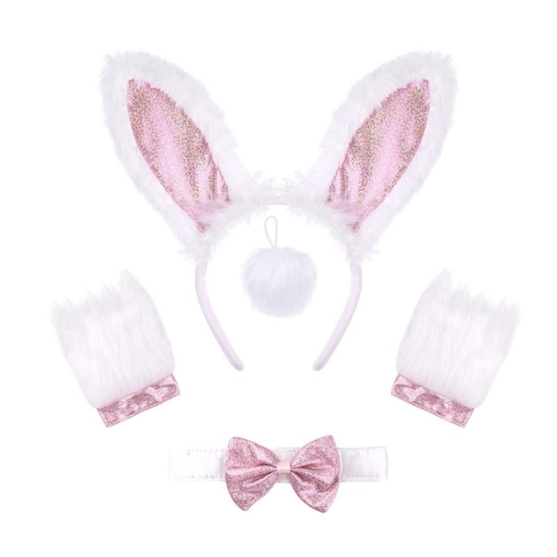 1/4Pcs Women's Bunnies Costume Accessories Set Rabbit Ears Headband Bowtie Collar Cuffs Rabbit Tail for Easter Party