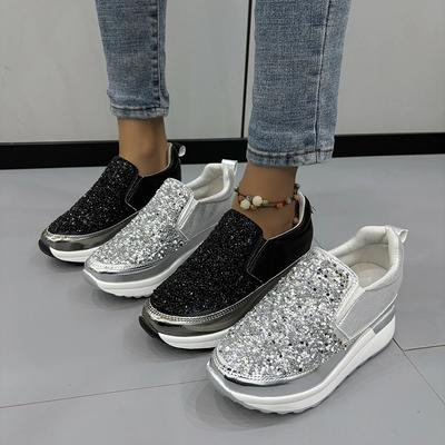 Modne mokasyny damskie na wiosnę i jesień 2024, srebrne sneakersy z cyrkoniami, buty na platformie, sneakersy z wewnętrznym podwyższeniem, zapatos de mujer