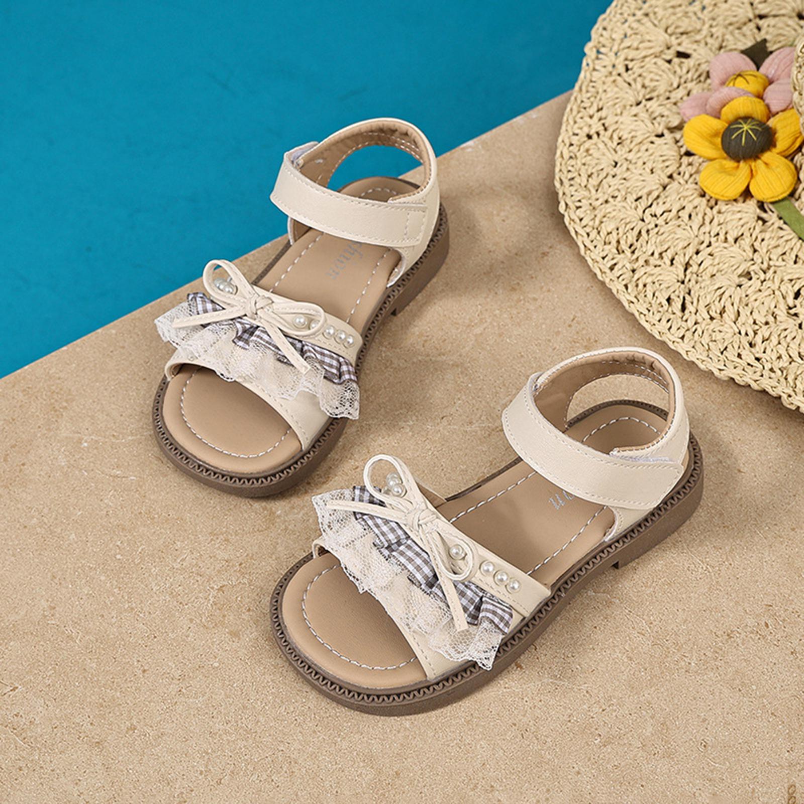 Girls Open Toe Sandals Lace Pearl Bowknot Decoration Adjustable Strap Comfortable Sole Casual Footwear for Little Girls 27 бежевый