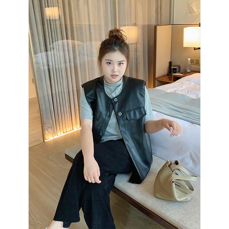 Korean Style Women's PU Leather Vest: Oversized, Sleeveless with Irregular Hem for Fall 2024.