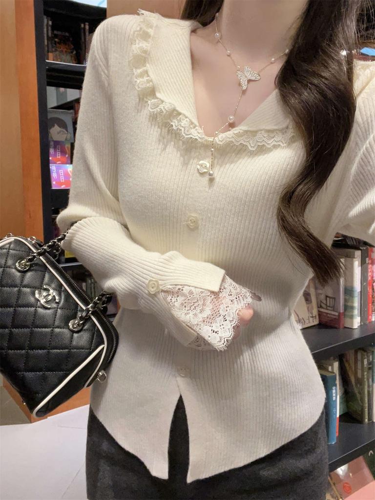 Gentle and versatile lace edge button lapel Andy velvet knitted cardigan autumn and winter bottoming sweater women