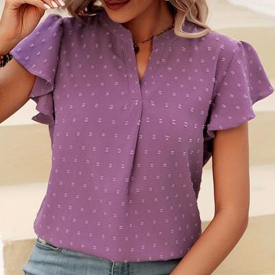 Women Summer Casual Flare Sleeve Dots Printed Pullover Casual T Shirt Blouse Shirts