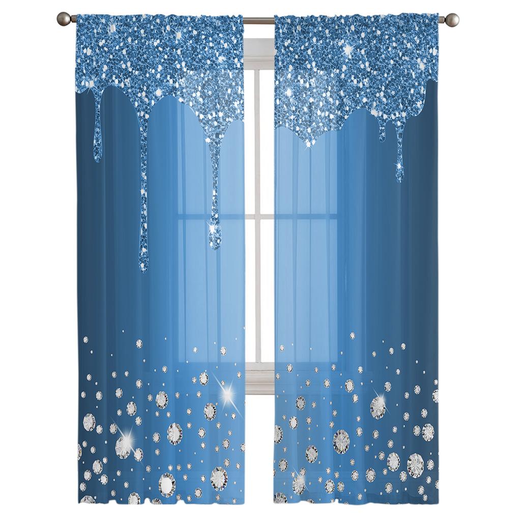 Blue Shiny Diamond Droplet Texture Window Curtains For Living Room Bedroom Kitchen Chiffon Sheer Window Treatment