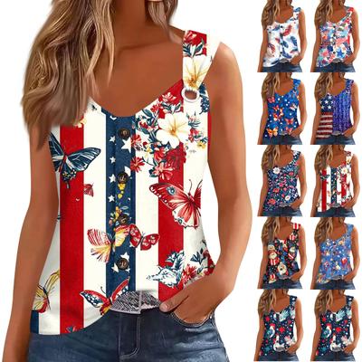 Women's Fashion Casual Loose Sleeveless Buttoned V-Neck Independence Day Printed T-Shirt Top