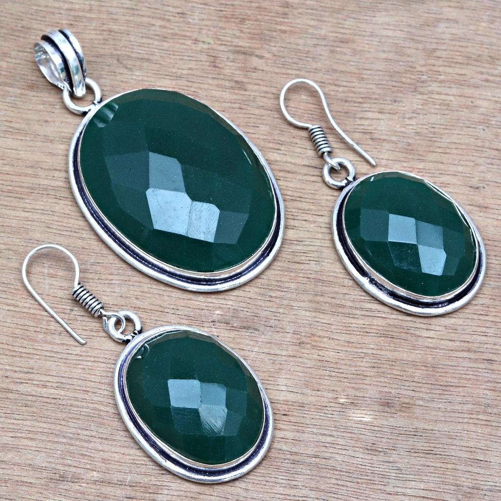Onyx Green Pendant Set Earrings Jewelry Gemstone Handmade Ethnic