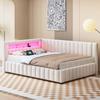 Canapea extensibilă cu pat 140x200, din material catifea cu lumină LED și port de încărcare USB, cu spătar, tăblie și cadru de pat robust, bej