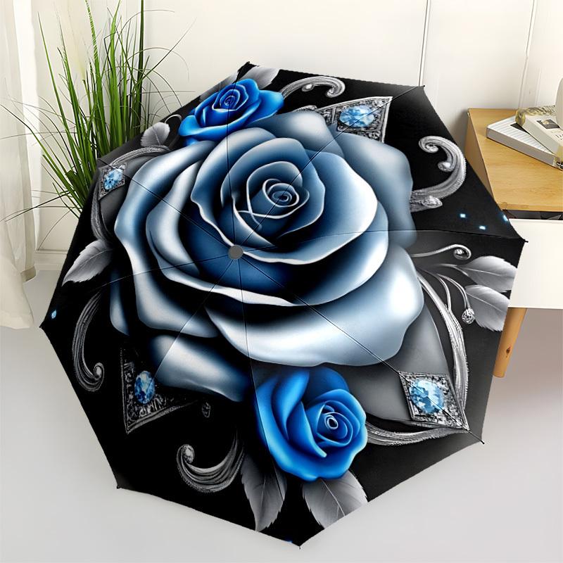 

1pc Blue Rose Umbrella Portable Folding Umbrella Durable Iron Frame, Suitable for All Seasons Home Travel Outdoor yy260319035