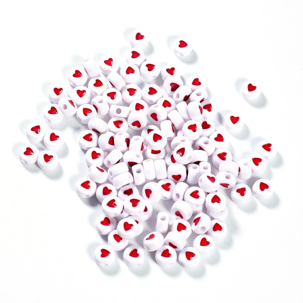 100Pcs 7mm Acrylic Flat Round Beads Colorful Heart Pattern Loose Spacer Beads For DIY Bracelets Earrings Making Supplies