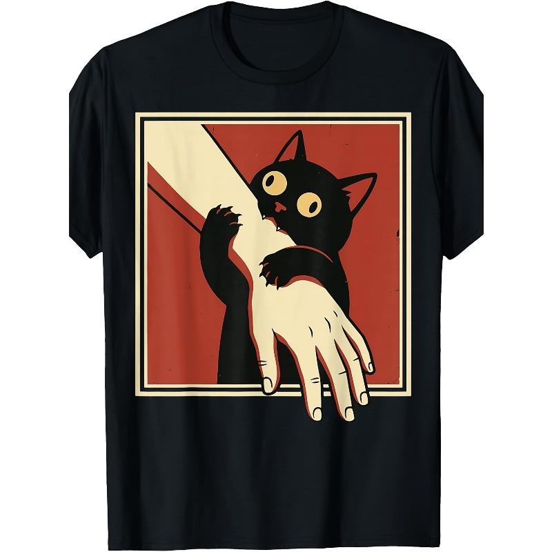 

Retro Cat Biting Arm T-Shirt - Vintage Black Cat Graphic Tee, Machine Washable Suitable for - Casual Wear, Themed Parties & Everyday Outfits S чёрный