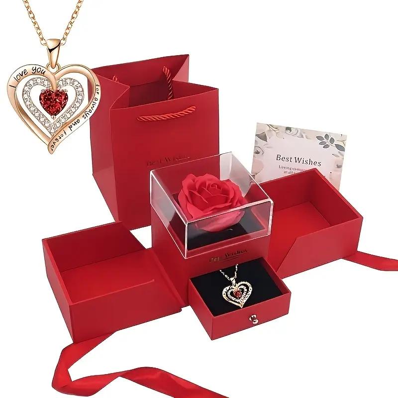 The creative double-door eternal rose jewelry box with a charming heart necklace is the perfect gift, Christmas, Jewelry Boxes