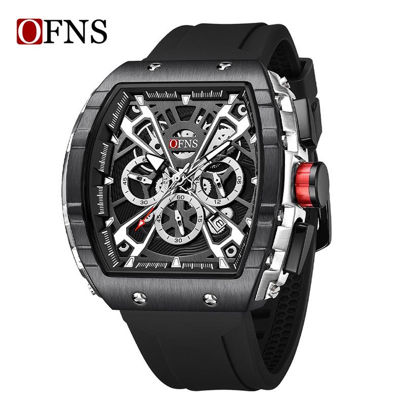 OFNS Barrel-Shaped Men’s Quartz Watch with Calendar, Waterproof Six-Hand Chronograph, Fashionable and Trending Design