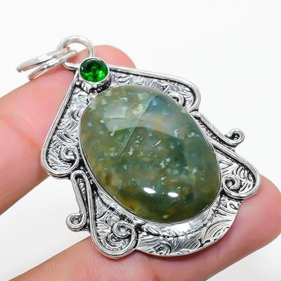 Natural Indian Moss Agate, Diopside 925 Sterling Silver Pendant 2.29" P5b81