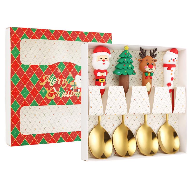 Festive Christmas Cutlery Set: Stainless Steel Cartoon Santa Spoons & Forks In Gift Box
