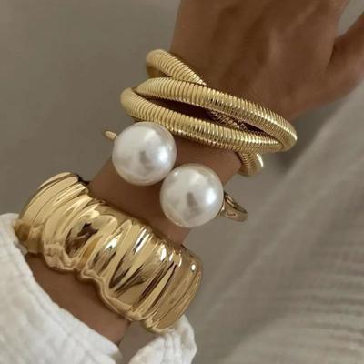 DIEZI 3 Style Round Imitation Pearl Wide Cuff Bangles Bracelets Punk Multilayer Geometric Metal Spring Bangles Set For Women Men