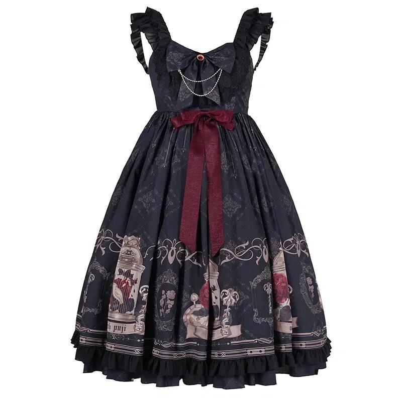 Gotický styl Tmavé Lolita šaty Bez rukávů Temperament Mašle Volánky Halter šaty