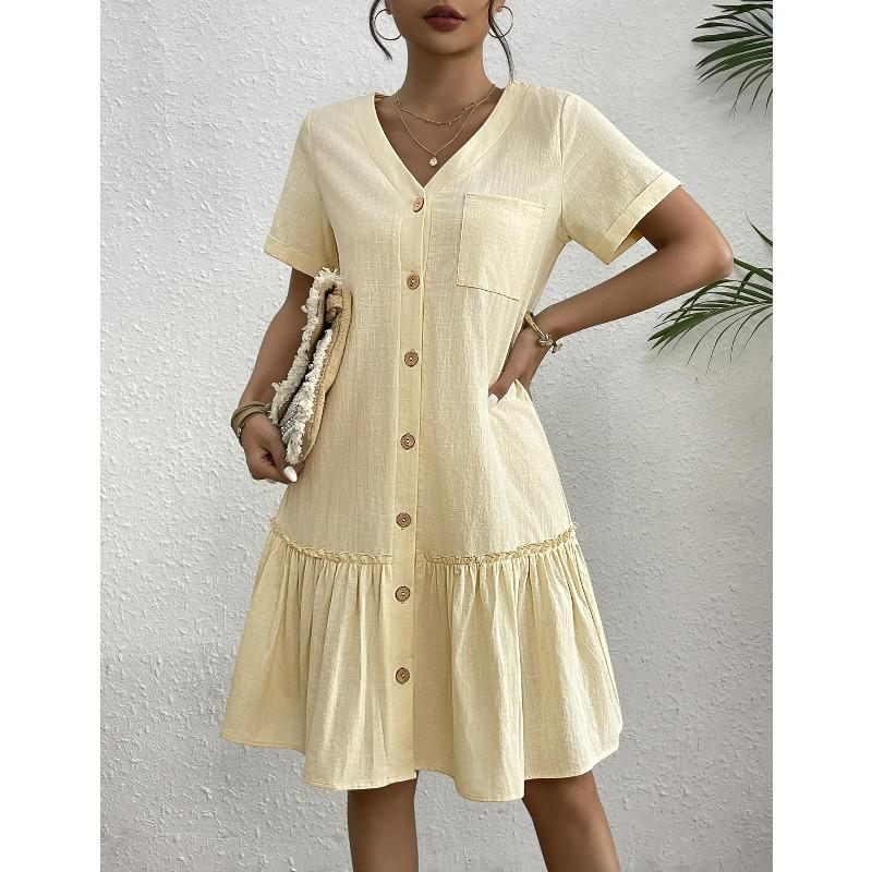 Women's V Neck Button Front Ruffle Hem Midi Dress Short Sleeve Casual Dress