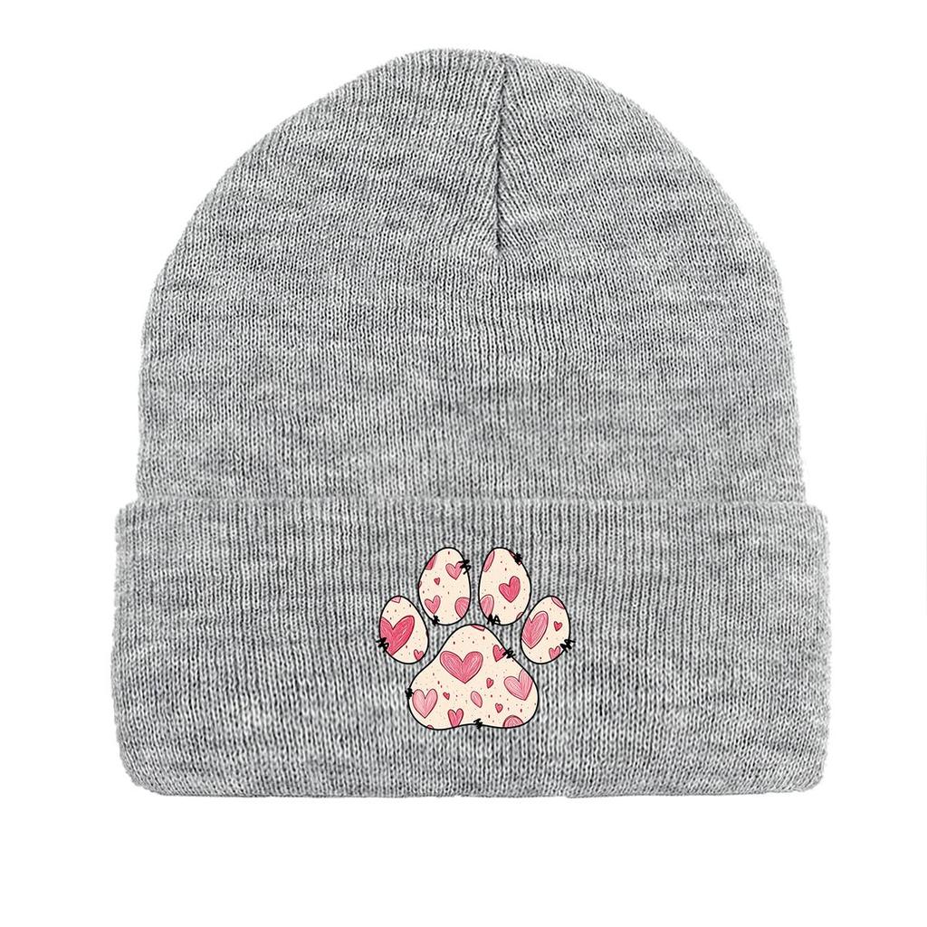Dog Cat Paw Print Heart Knit Hat Beanie, Valentine's Day "XOXO LOVE KISS", Cozy Stylish Knitted Cap Beanie
