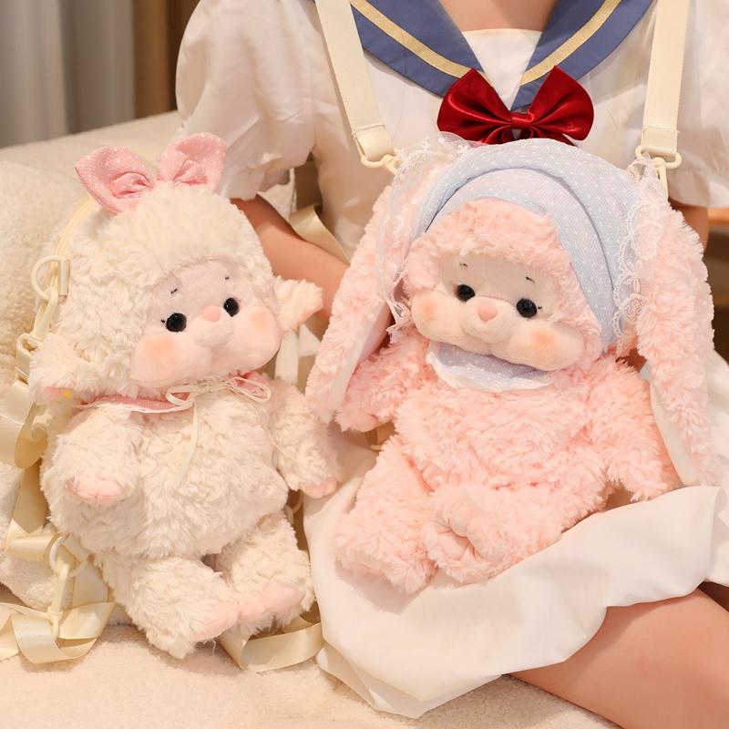 Cute Chubby Bunny Sheep Lolita Backpack Plush Toy Soft Stuffed Animal Babys Accompany Dolls for Girls Kids Gifts Bag Decor