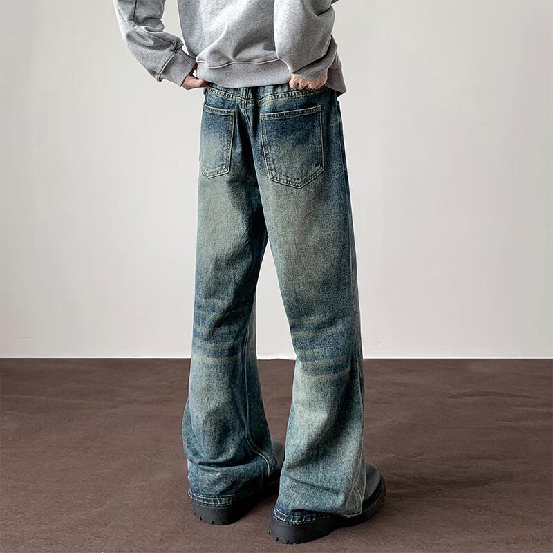 VUUG Men's Retro Loose Fit Straight Leg Jeans with Lightning Texture