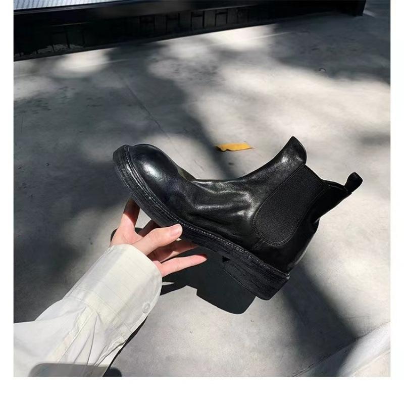 Gewaschenes Pferdeleder~ Leder Plissierte Chelsea Boots Kurze Stiefel Damen Vintage Elastisch Rauch Flacher Boden Martin Stiefel