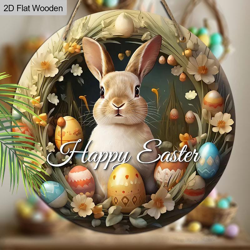 Happy Easter Bunny & Egg Wreath Wooden Sign, Round Front Door Decor, Rustic Spring Wall Hanging - Ideal Easter Gift