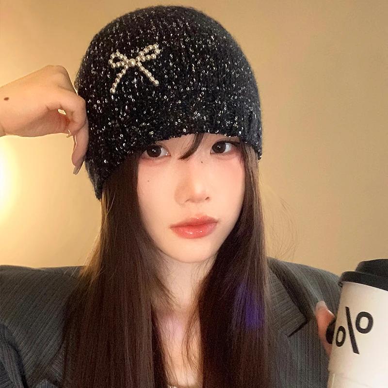 Korean Designer Y2K Shiny Cold Cool Street Sequined Knit Hat Spring Summer Girl Glitter Fashion Knitted Bag Head Beanie Hat