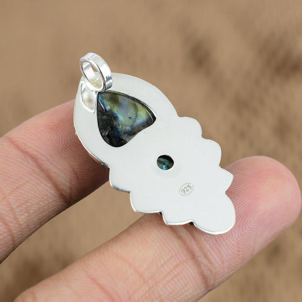925 Sterling Silver Labradorite Stone Swiss Blue Topaz Mother Pendant Jewelry