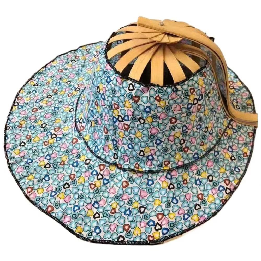 Floral Printed Fan Sun Hats Foldable Bamboo Sunscreen Cap Women Sunhat Folding Fan Hat  for Travel