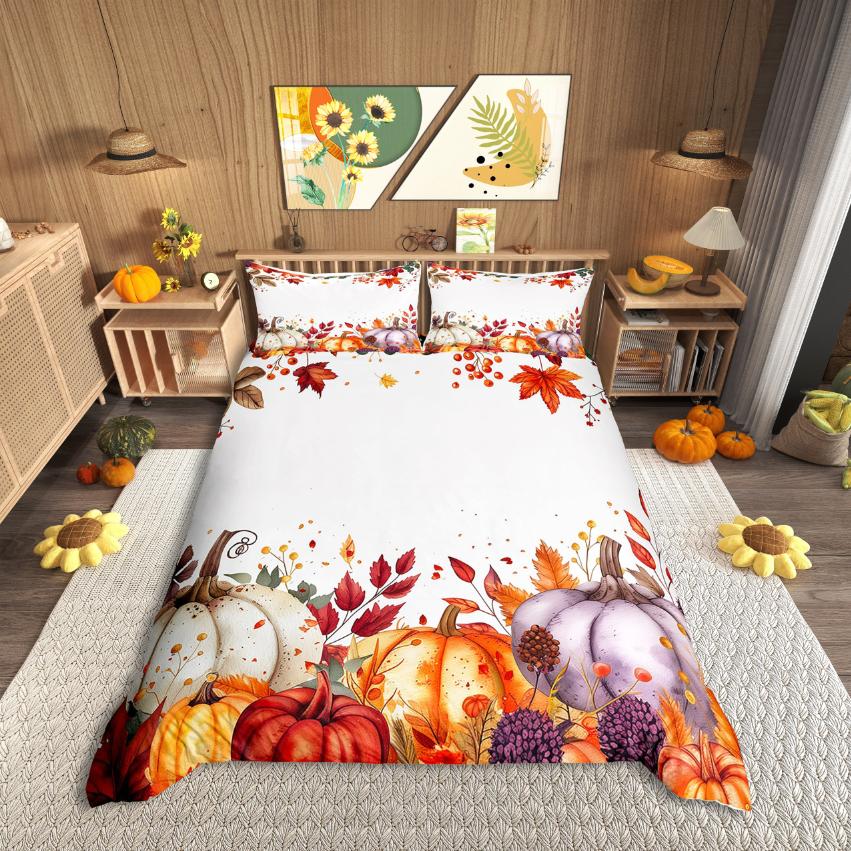 Homewish Rustic Flower Maples Duvet Cover SetAutumn Harvest Pumpkin Comforter Cover SetBrown Pine Cone Bed Set For Girls