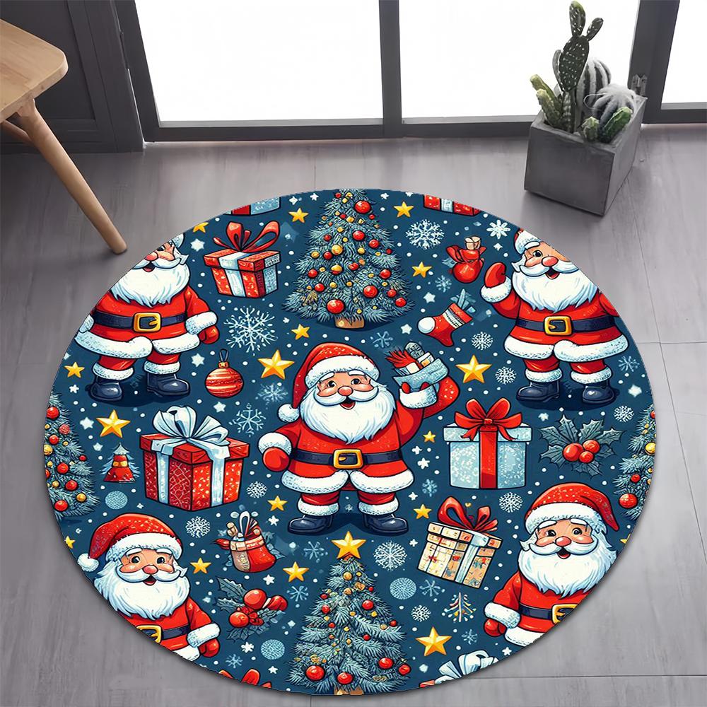 Niedlicher Weihnachtsmann Frohe Weihnachten Baum Cartoon Festival Geschenk Runder Teppich für Schlafzimmer Wohnzimmer Dekoration, Dekor Bodenmatte