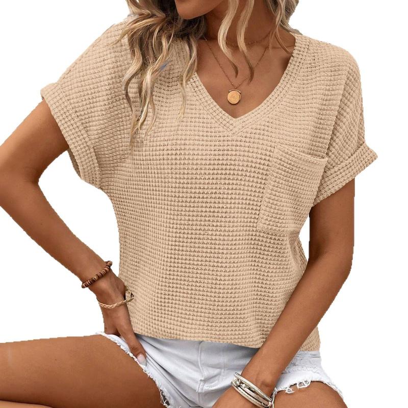 2026 Women's V-neck Summer Waffle Pocket Short Sleeve T-shirt