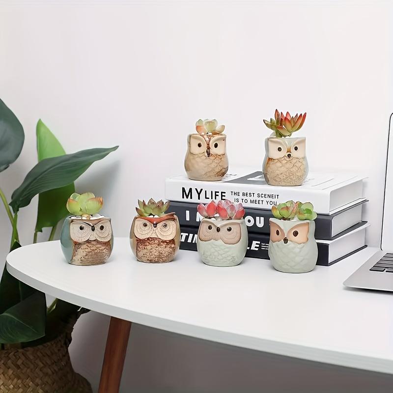 Creative Cartoon Kiln Transformation 6pcs Set Owl Ceramic Succulent Plant Pots with Drainage Holes, Adorable Small Planters with Plant Stands