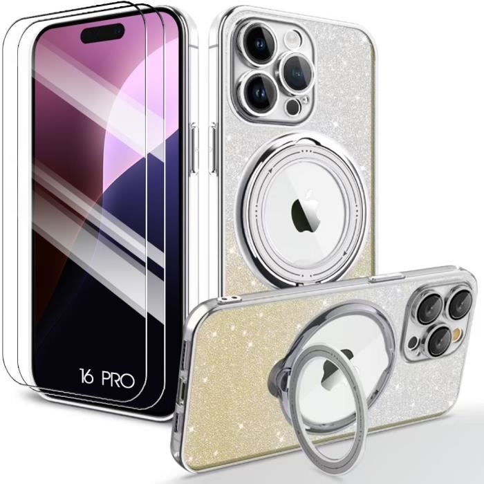 Coque de protection - booling - iphone 16 pro - silicone anti-rayures - support rotatif - argenté